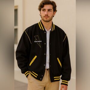 Clothoo Wool Varsity Jacket – Size XL Black & Yellow Retro Letterman's Preppy